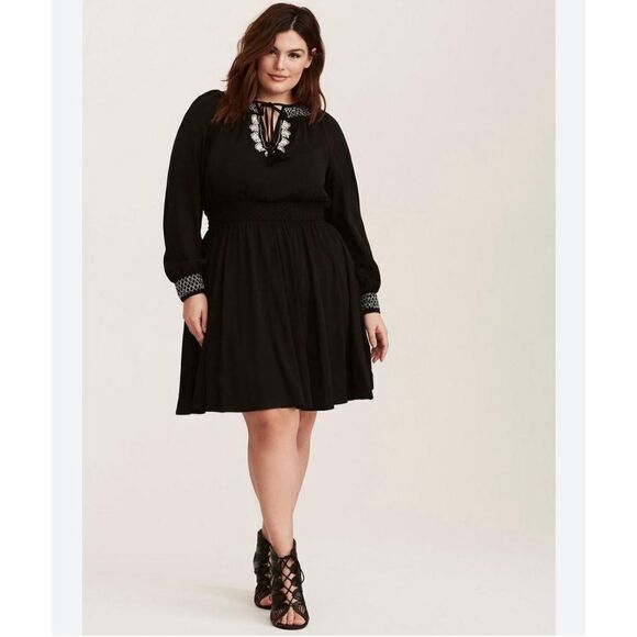 Torrid black smock peasant flowy embroidered skater dress - Picture 1 of 6